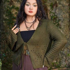 ROMWE Boho Green Cardigan with Bell Sleeves